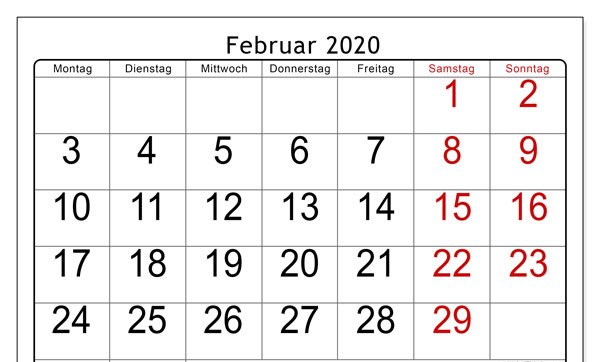 Februar Kalender 2020