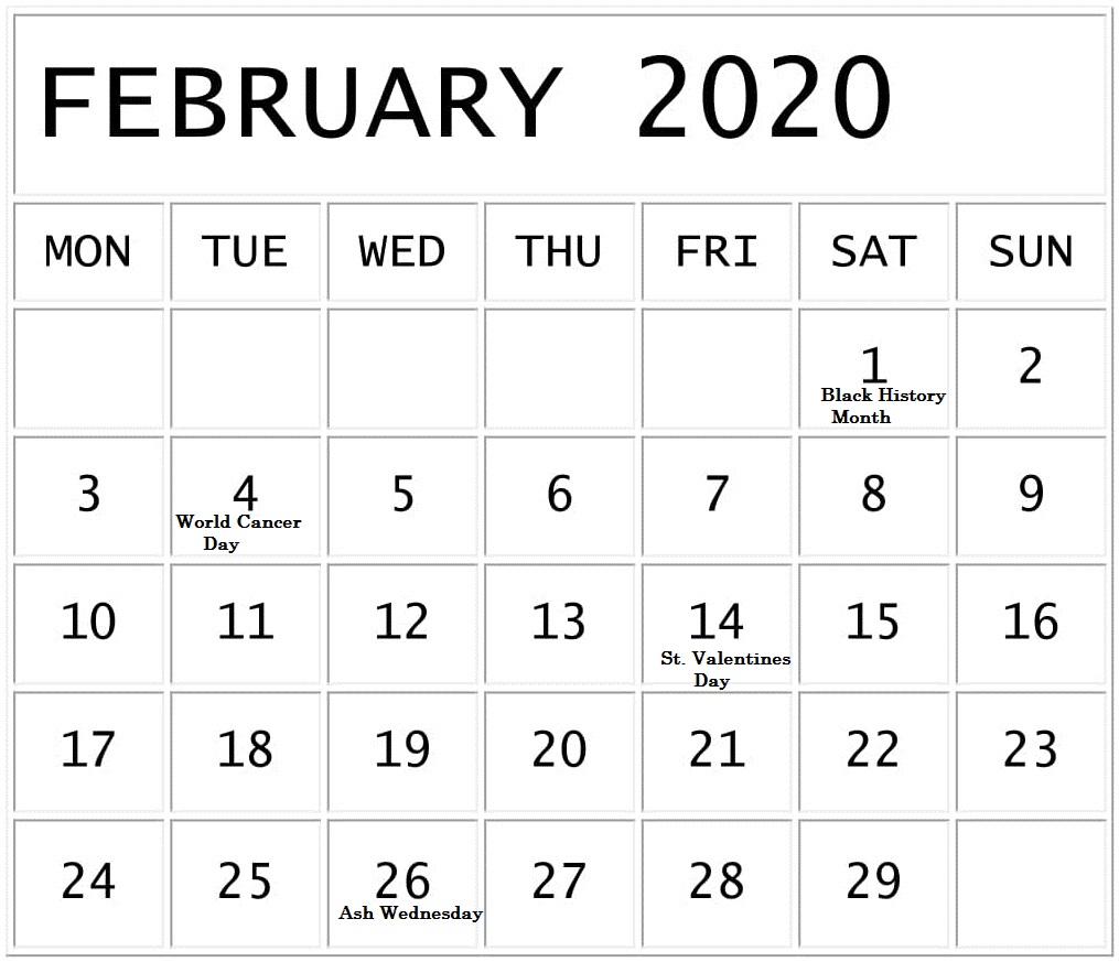 February 2020 Calendar With National Holidays