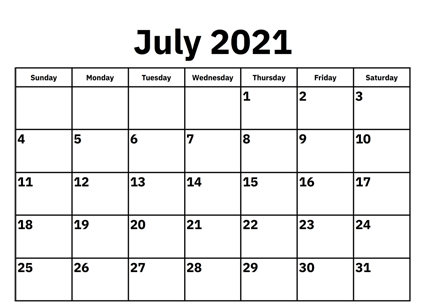 Blank July Calendar 2021