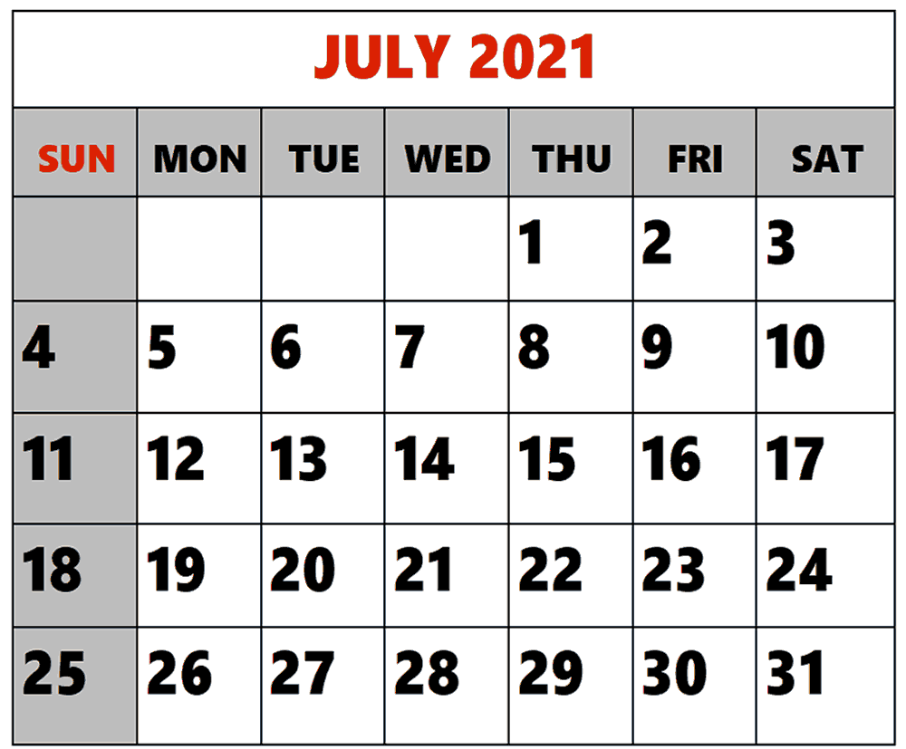 Editable July 2021 Calendar Printable