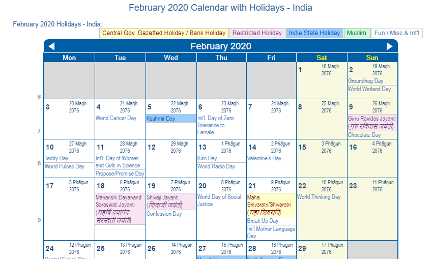 February 2020 Calendar Holidays India