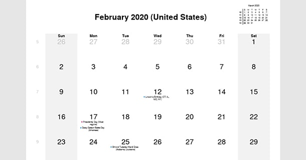 February 2020 Calendar with US Holidays