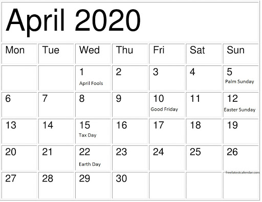 Free April Calendar 2020 Moon Phases with Holidays