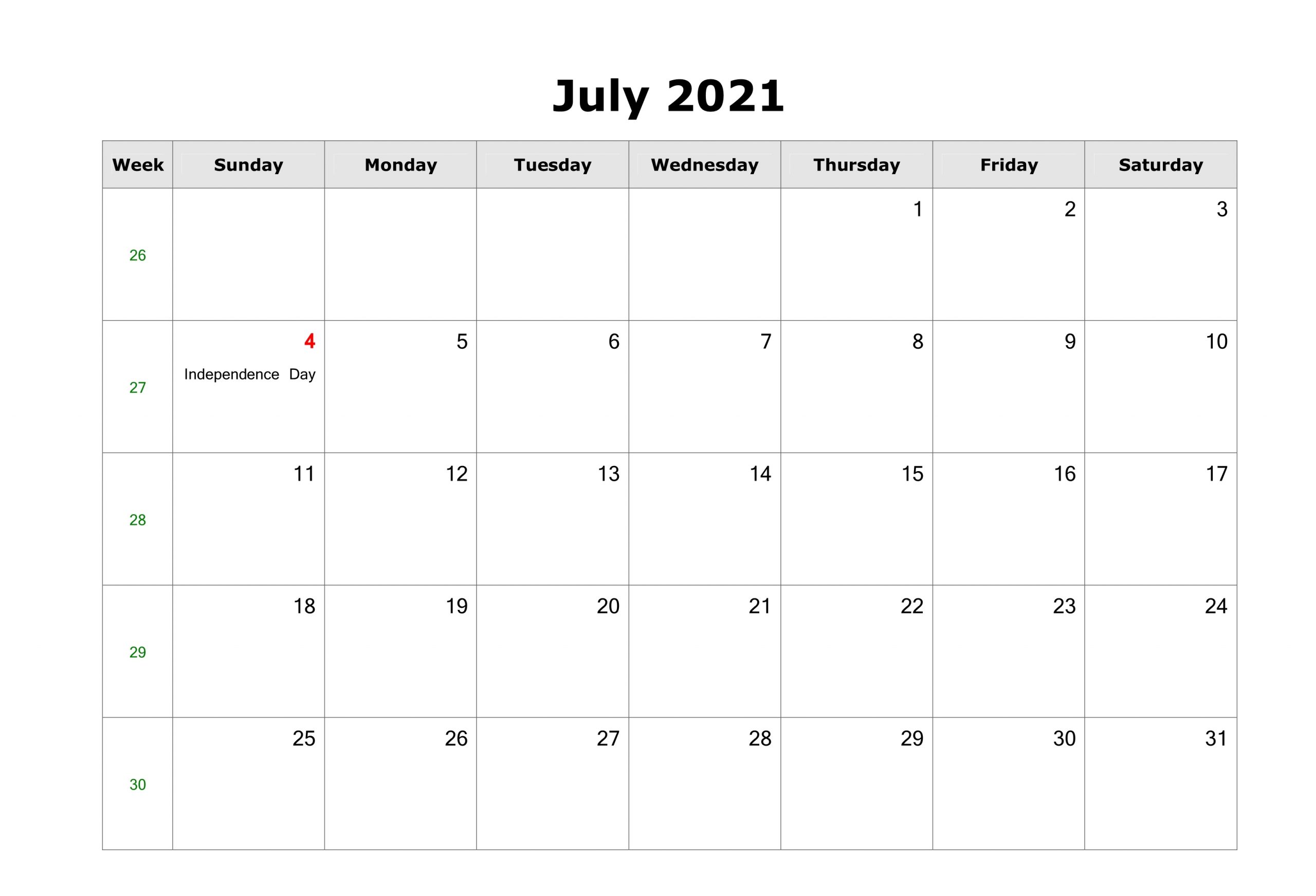 Free Printable July 2021 Calendar With Holidays