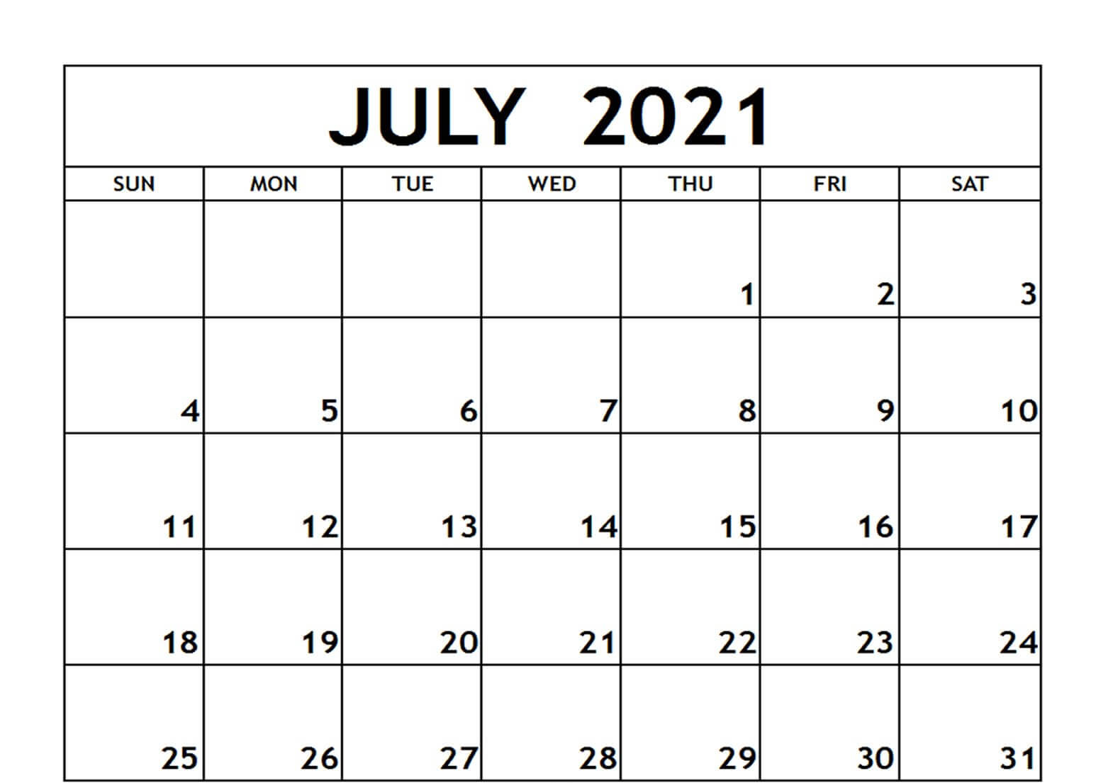 July Blank Calendar 2021 Template
