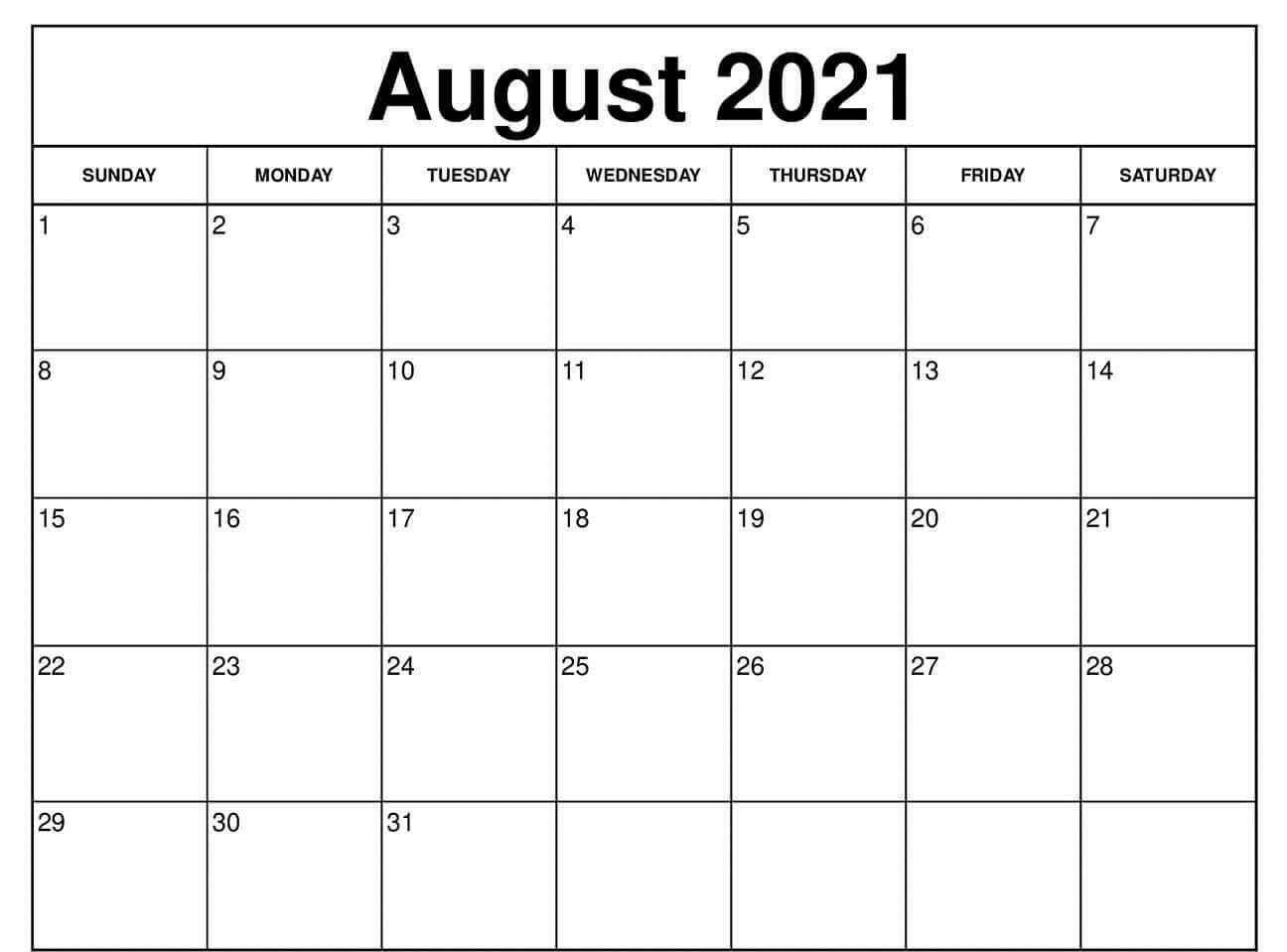 August 2021 Calendar Printable with Holidays