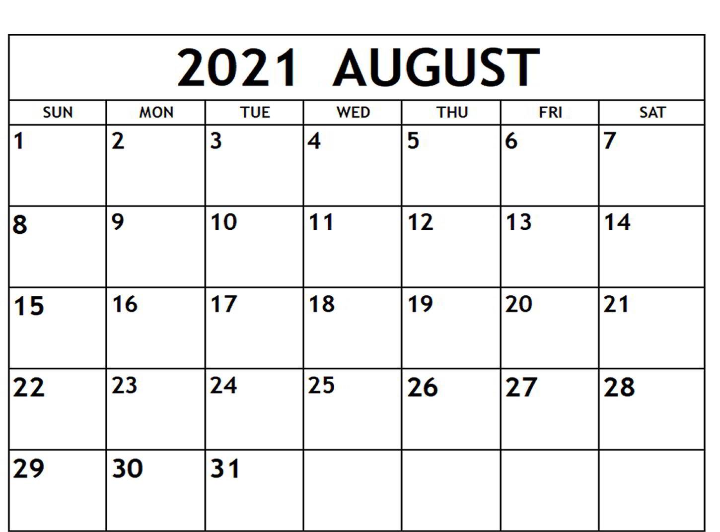 August Calendar 2021 Free Printable