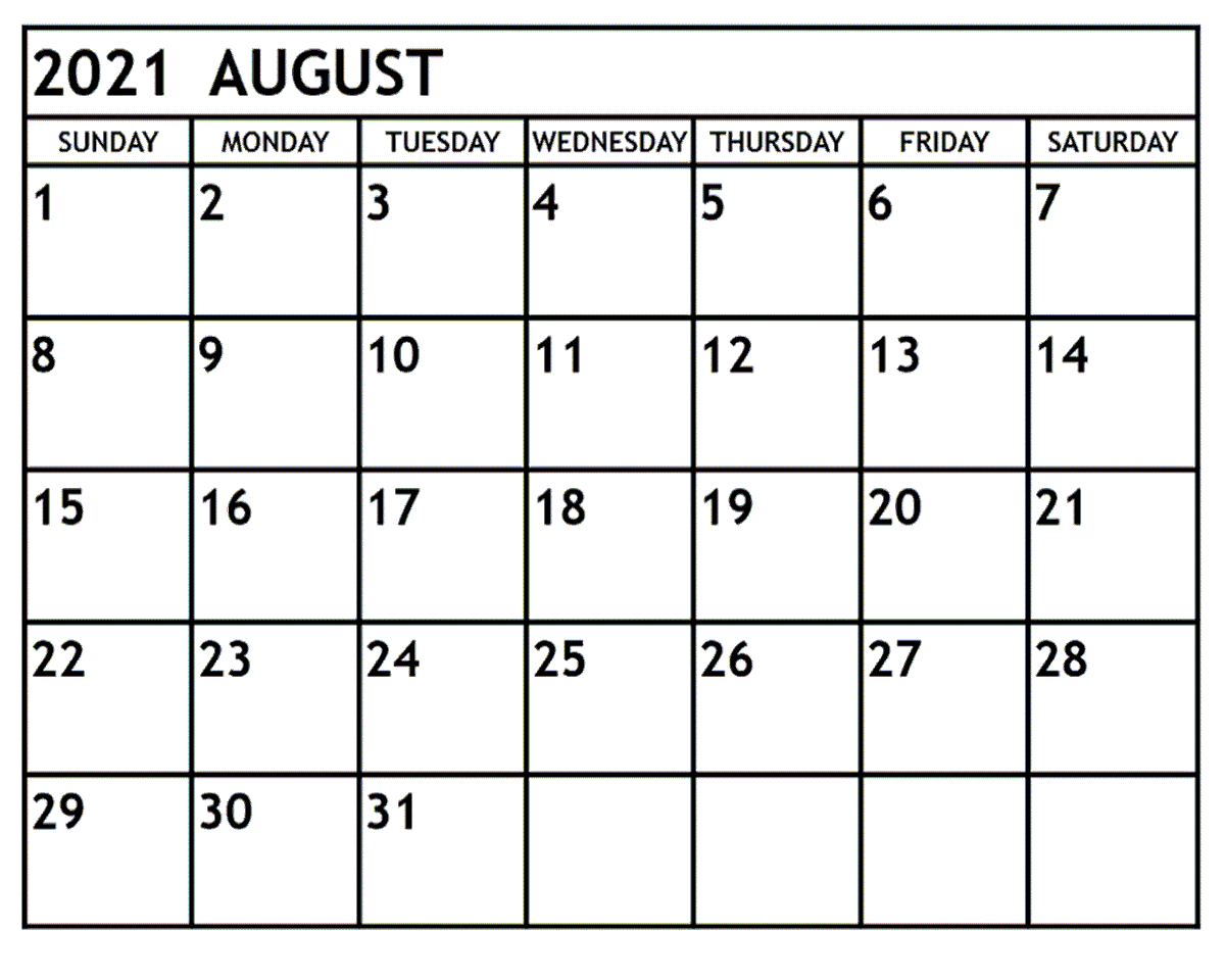 August Calendar 2021 Template