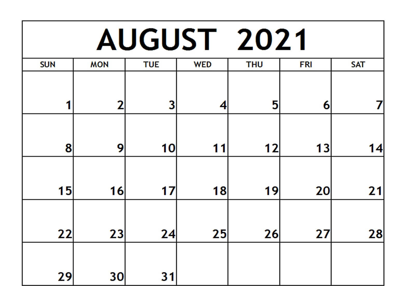 Free August 2021 Calendar Template