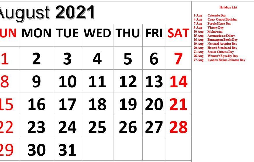 August 2021 Holidays Calendar