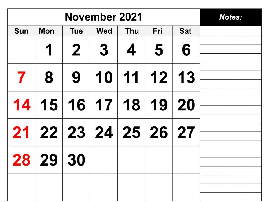 November 2021 Calendar with Notes