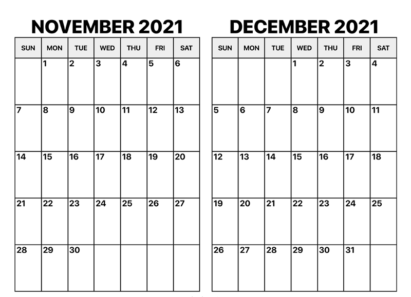 November December 2021 Calendar